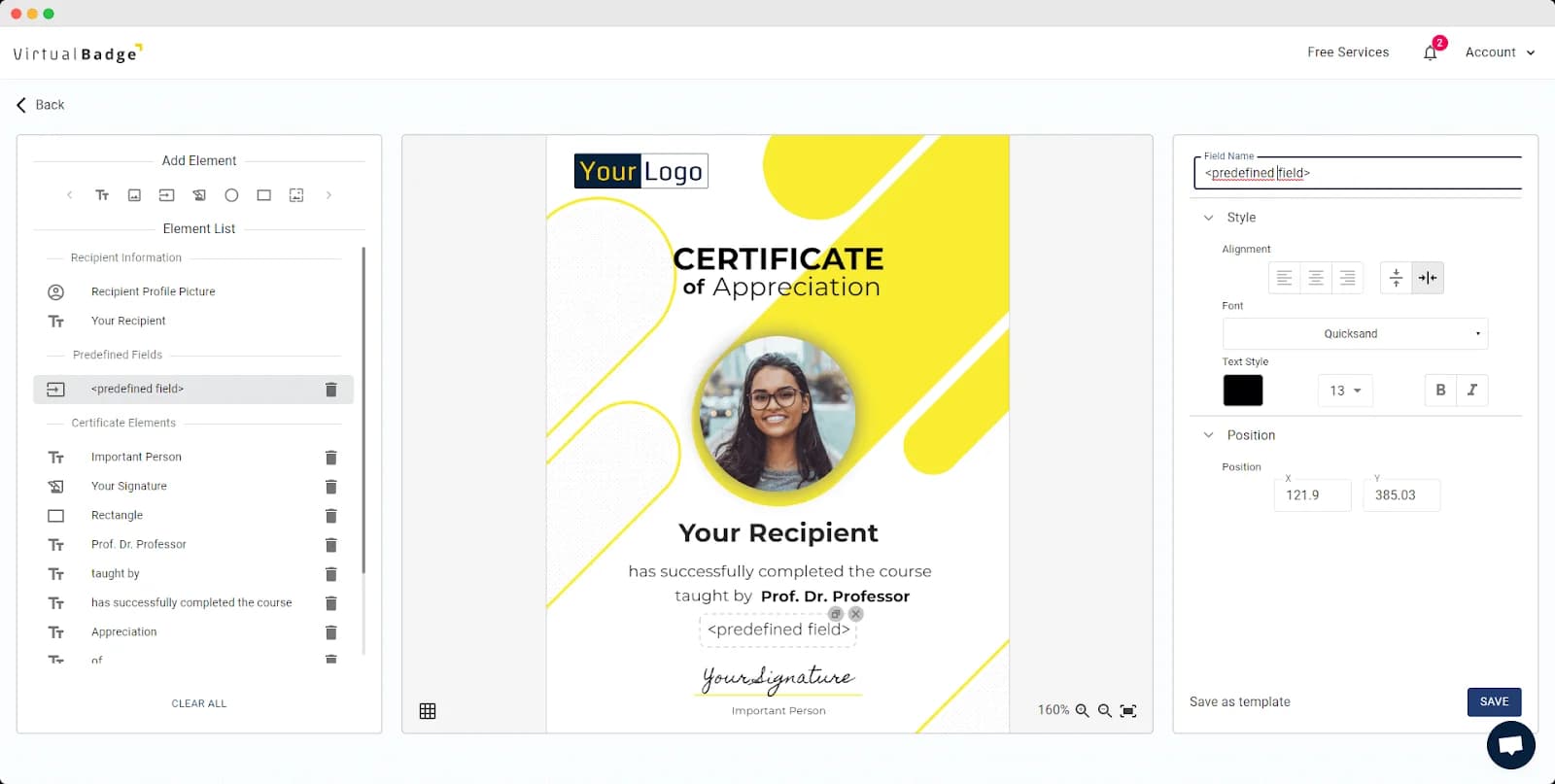 A certificate design interface for Virtual Badge, showcasing a 