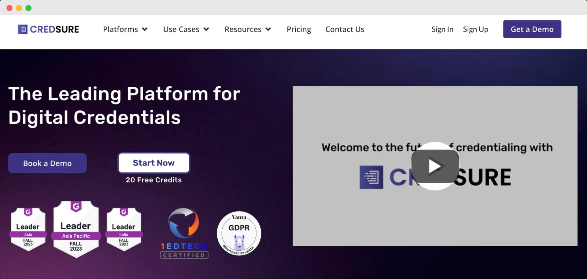 The homepage for CredSure, a platform for managing digital credentials that features a bold design with purple tones