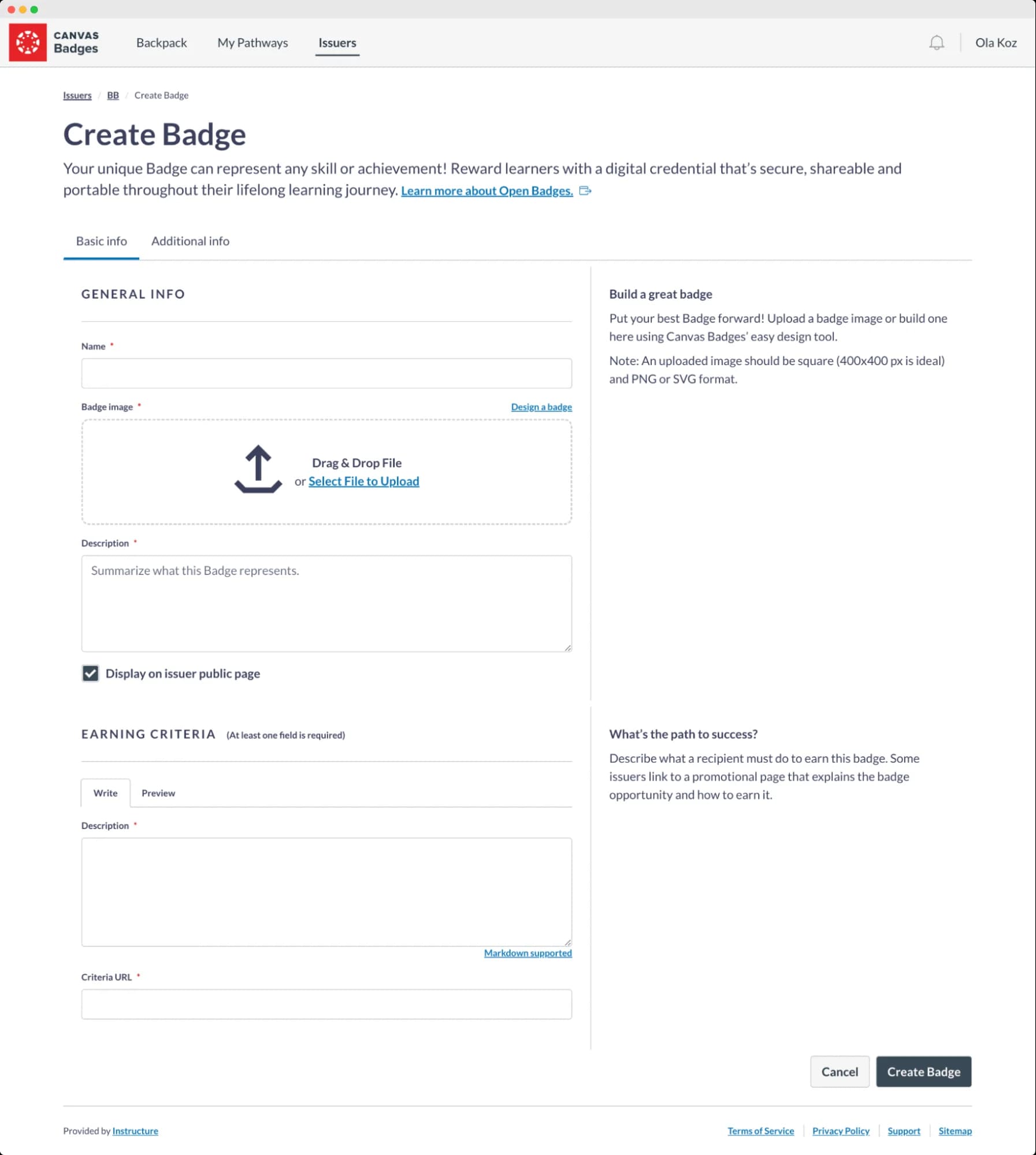 A form to create and issue certificates for digital badges within the Virtualbadge platform, demonstrating a solution for small businesses looking for certificates issuance and virtual badge automation