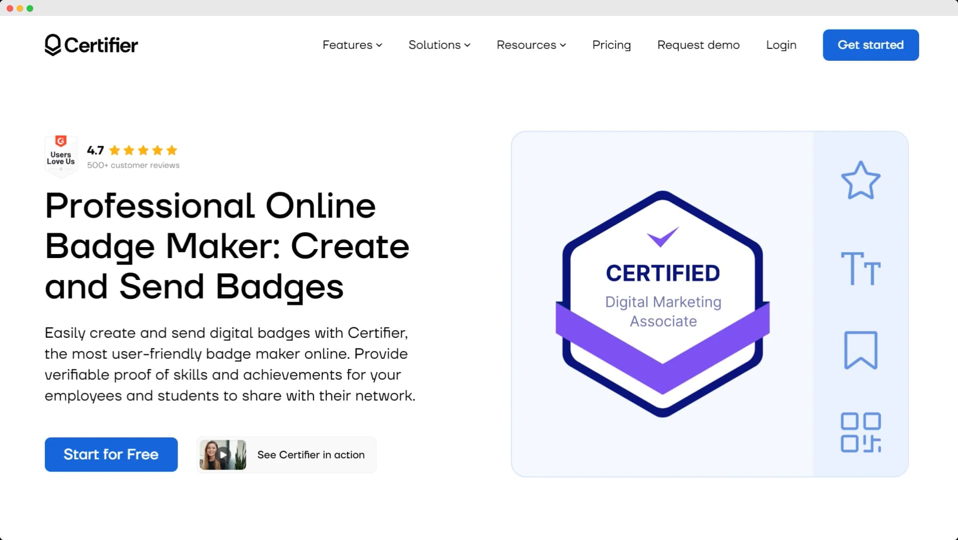 A platform offering digital credential management for virtual badges and certificates, featuring options for educational providers to track and issue certificates, shared online through secure Certifier technology