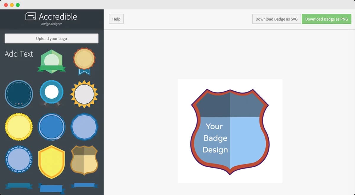 A badge design tool displaying various templates, showing how Accredible helps users create digital certificates and badges with data insights to save time for participants and educational providers.