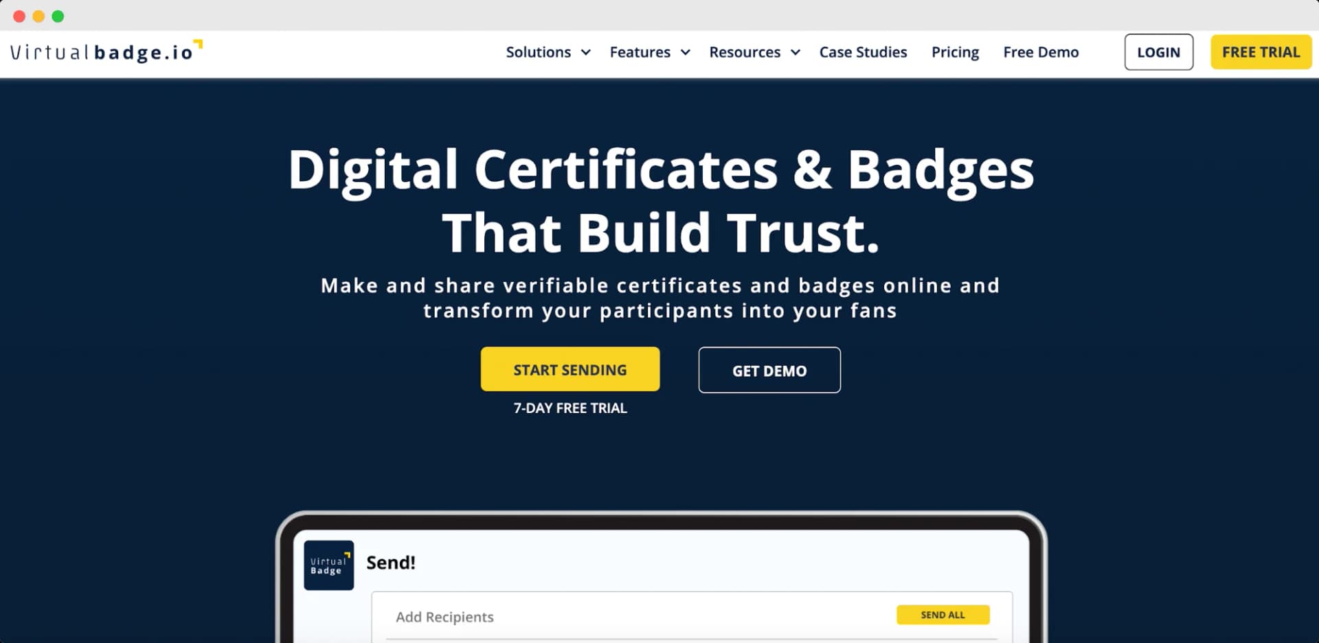 Virtualbadge.io homepage promoting digital certificates and badges as a tool to build trust, helping organizations issue certificates and track recipient engagement, offering affordable pricing for online certificate solutions