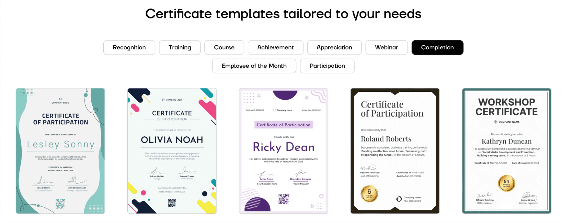 Online course certificate templates for virtual learning.