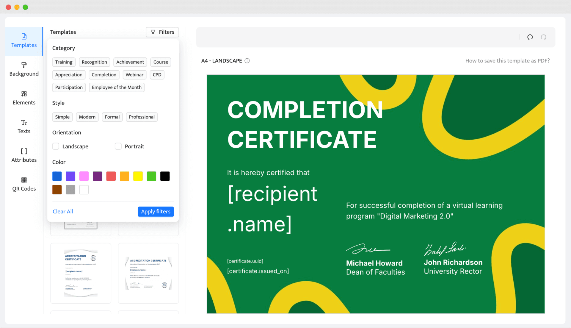 Drag and drop editor to create certificates for virtual learning.