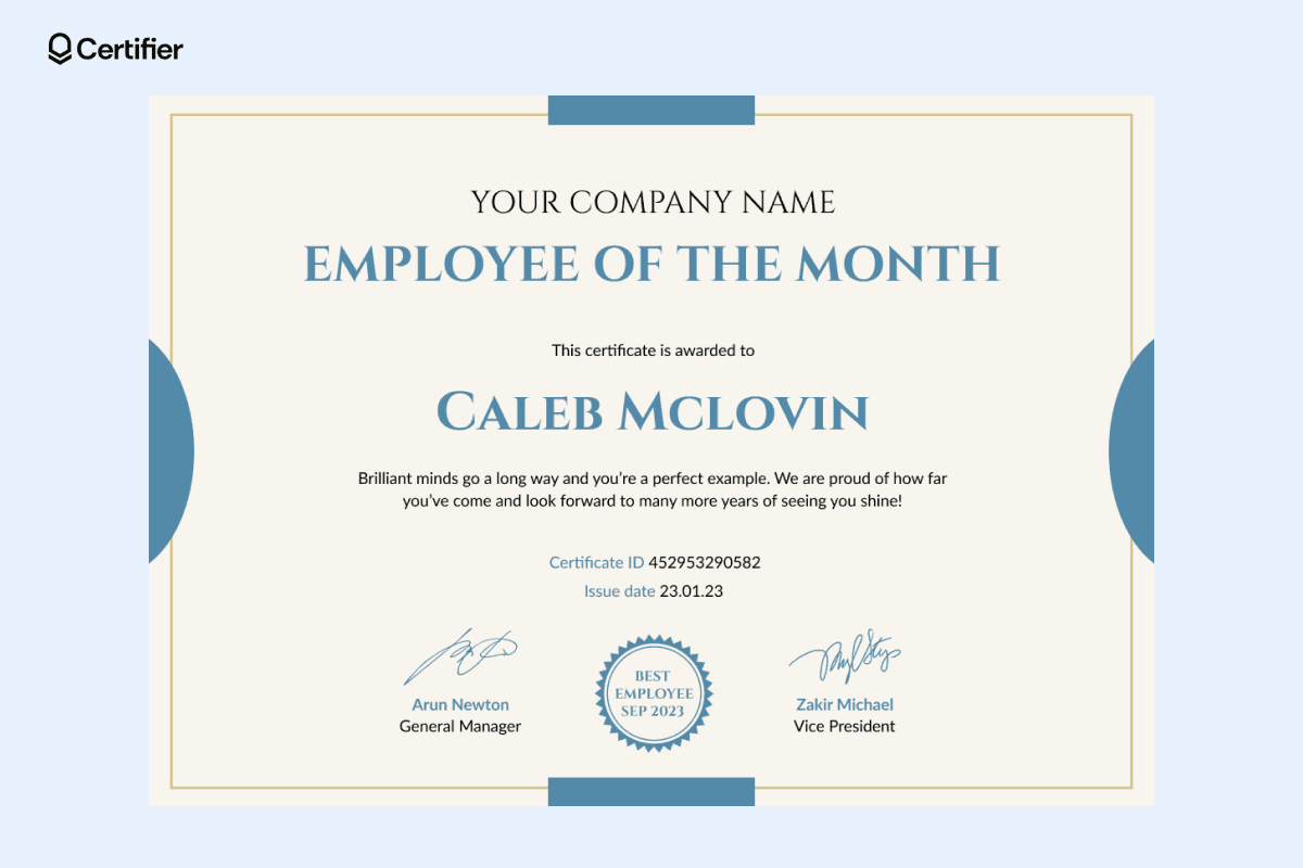 Printable free employee of the month template word with blue light elements.