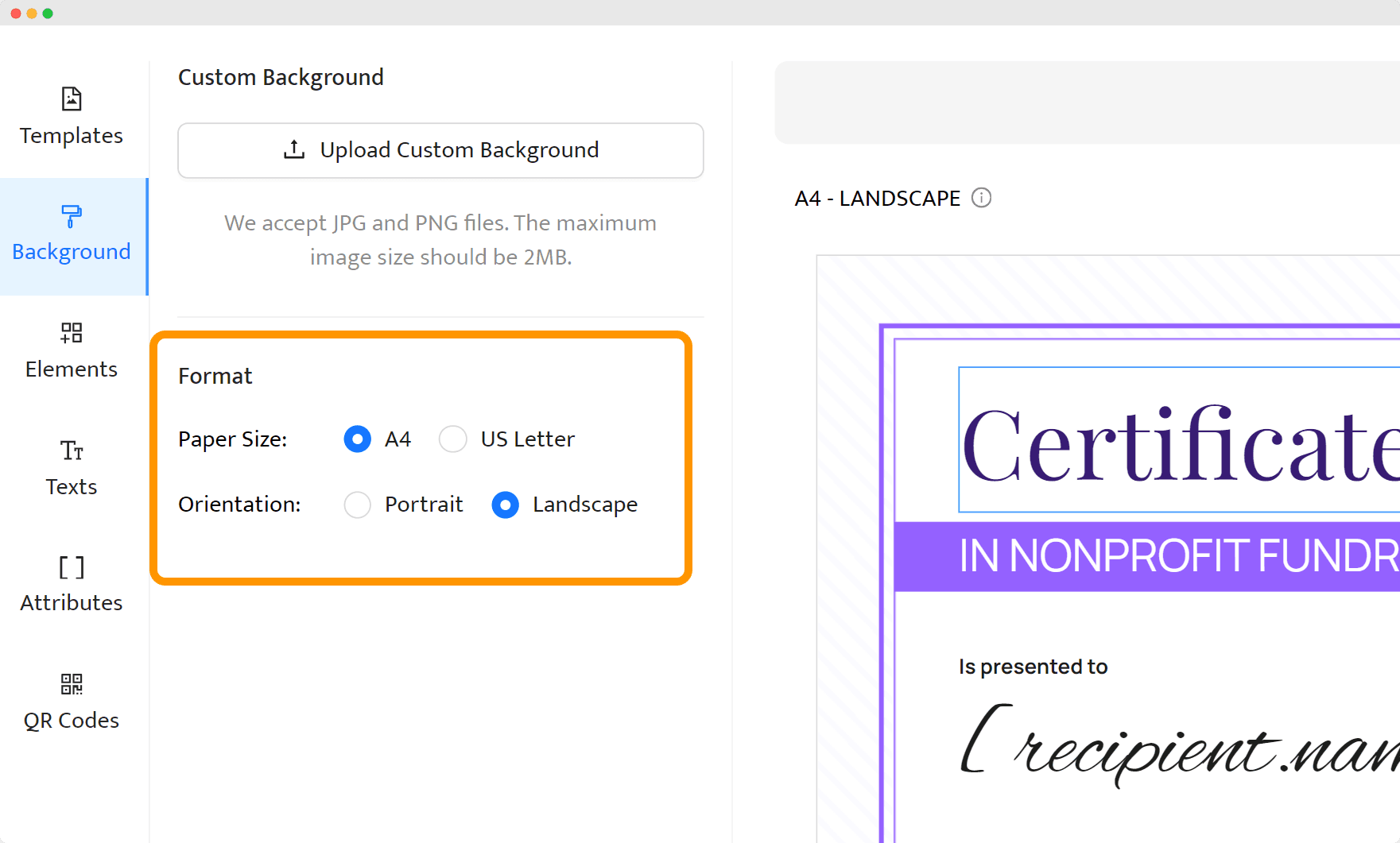 Choosing a certificate format as one of the steps of how to print a certificate.