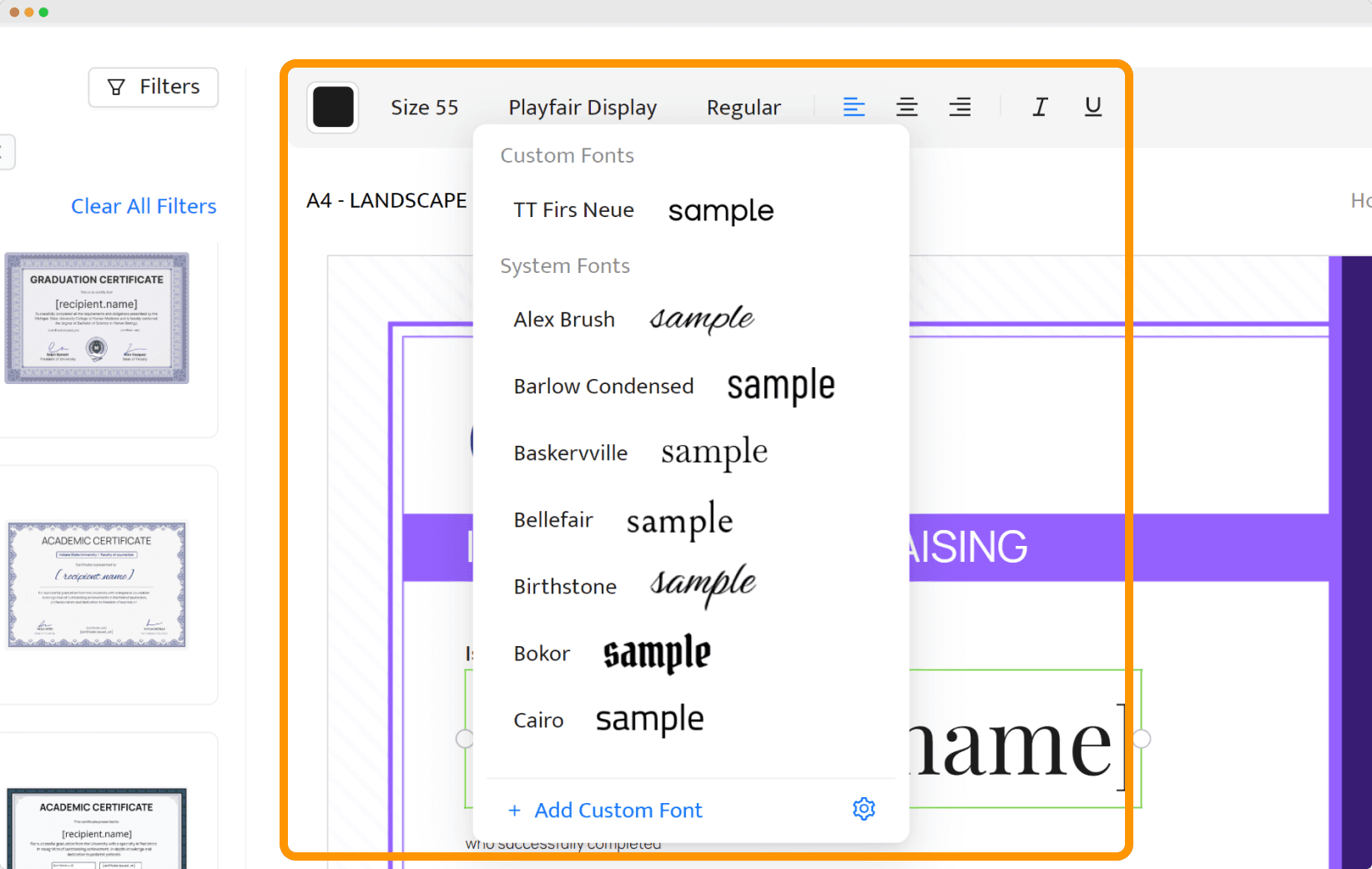 Choosing fonts in Certifier’s editor as one of the steps of how to print on certificate paper.