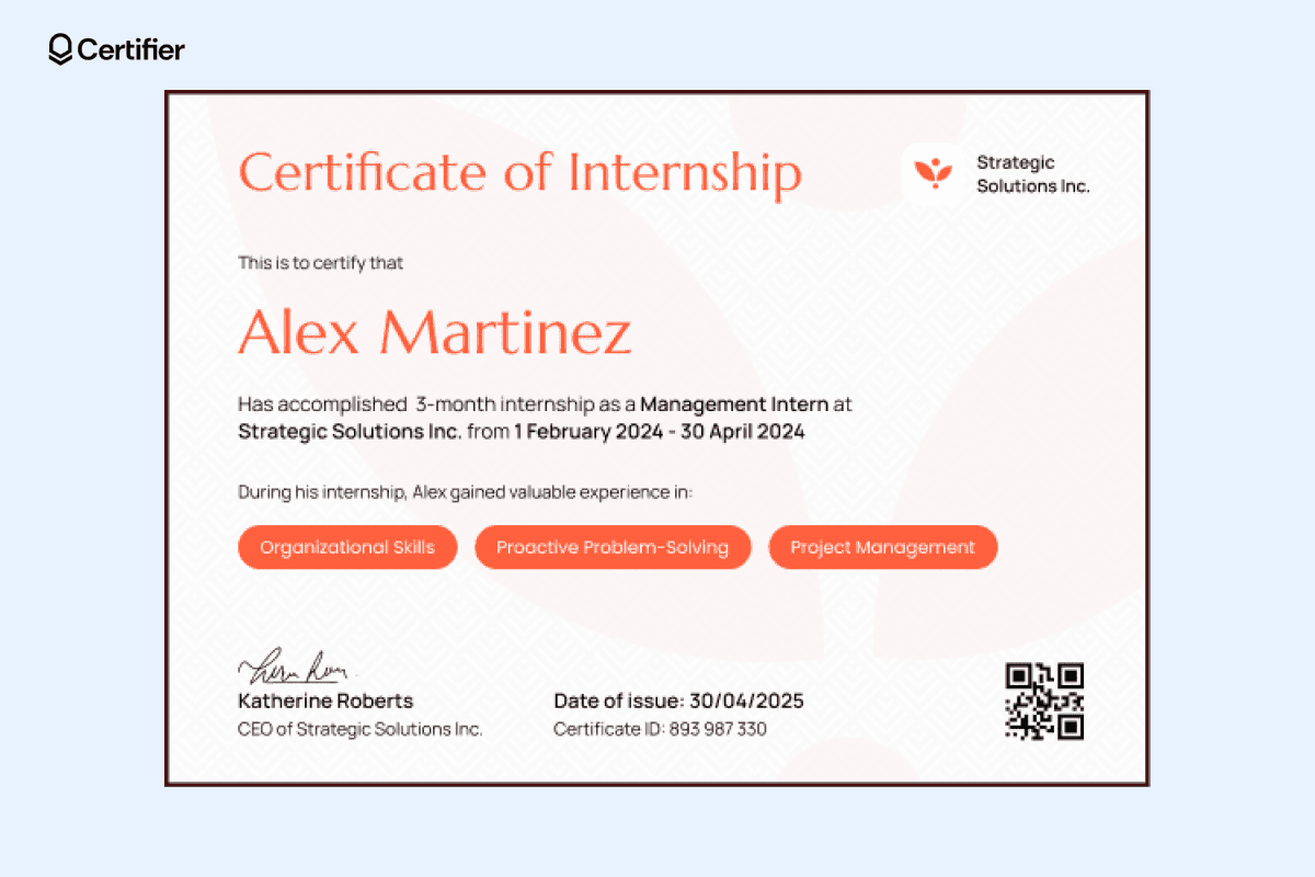 A certificate of internship example awarded to Alex Martinez for a 3-month management internship, showcasing key skills learned such as project management and problem-solving.