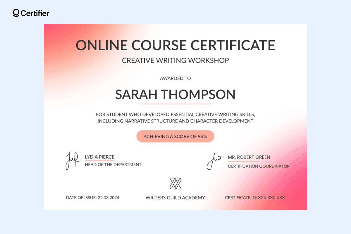 An online course certificate example awarded to Sarah Thompson for completing a creative writing workshop with a score of 96%.