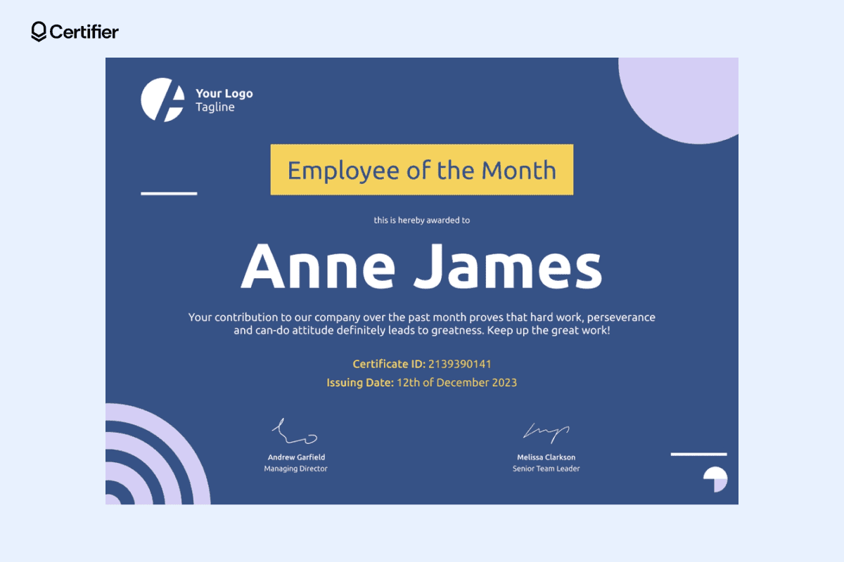 An employee of the month certificate example awarded to Anne James for her outstanding contribution and perseverance.