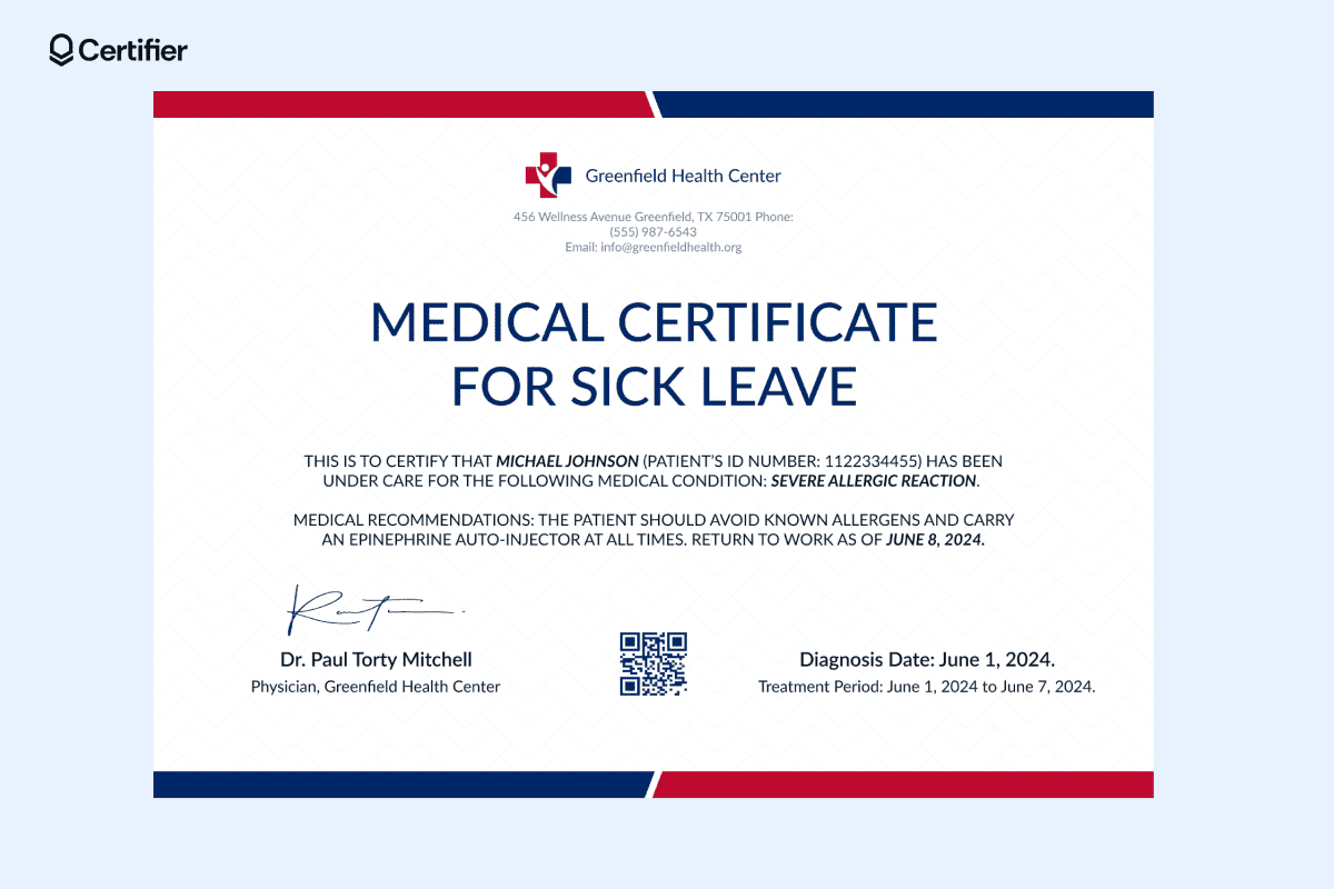 A medical certificate example issued for sick leave due to a severe allergic reaction for Michael Johnson, advising a return to work by June 8, 2024.