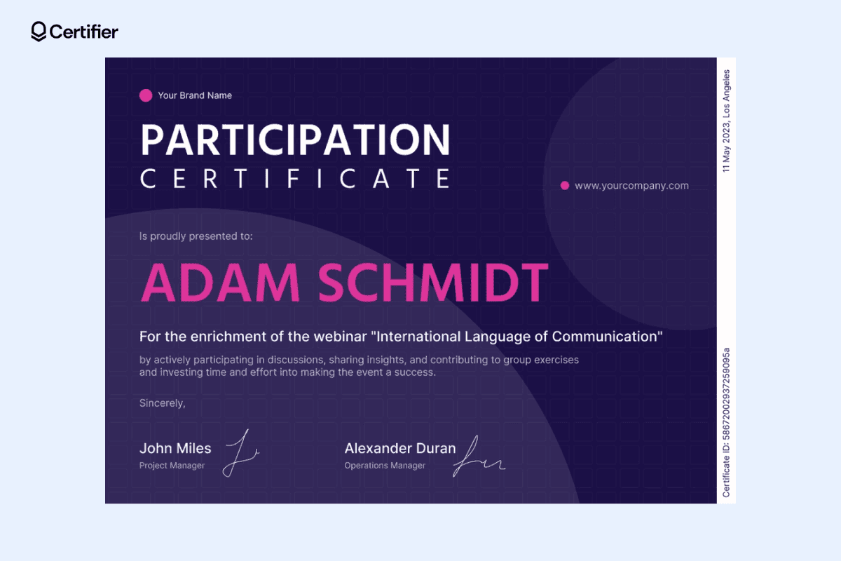 A participation certificate example awarded to Adam Schmidt for contributing to a webinar on the International Language of Communication.