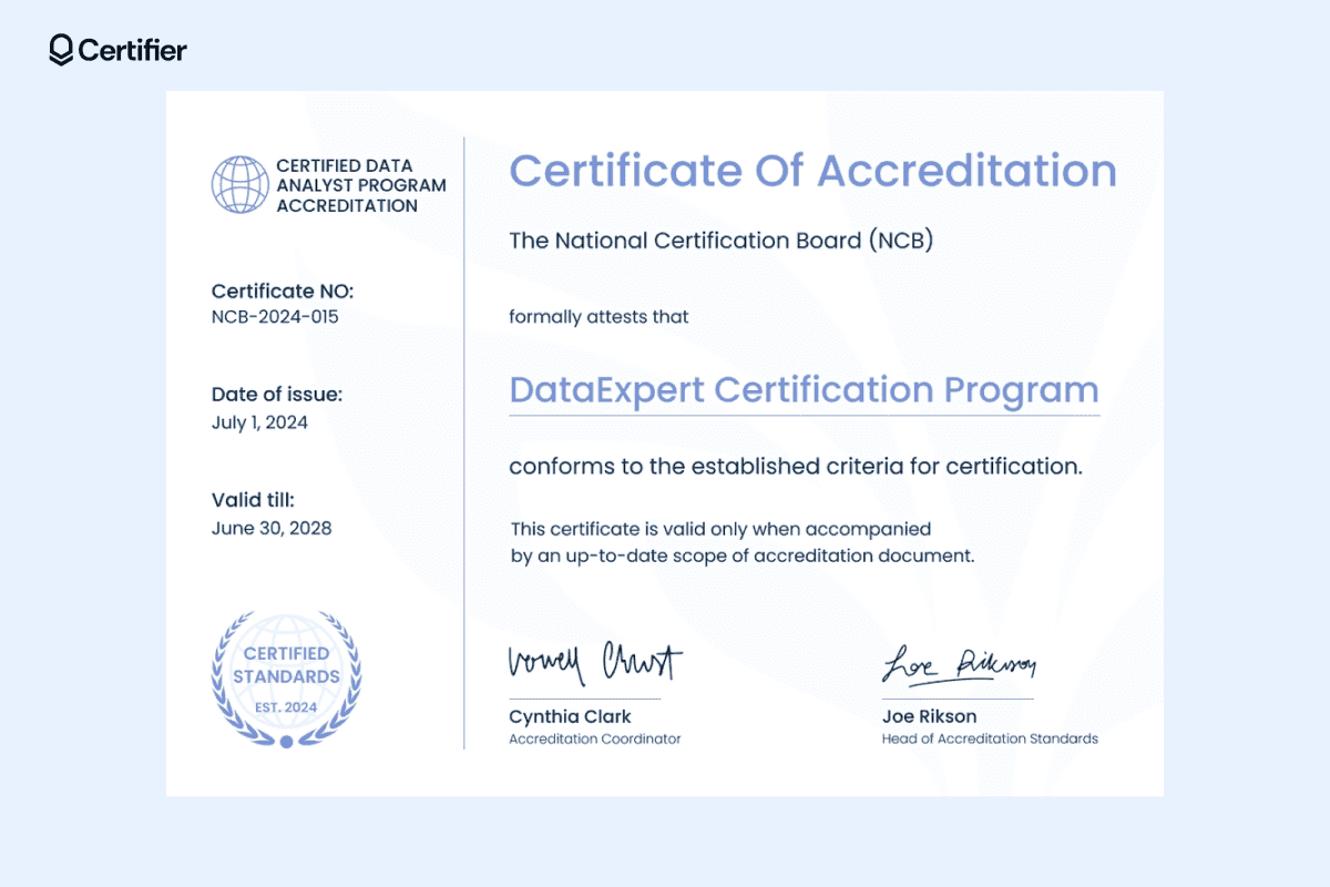 A professional certificate example for the DataExpert Certification Program accredited by the National Certification Board.