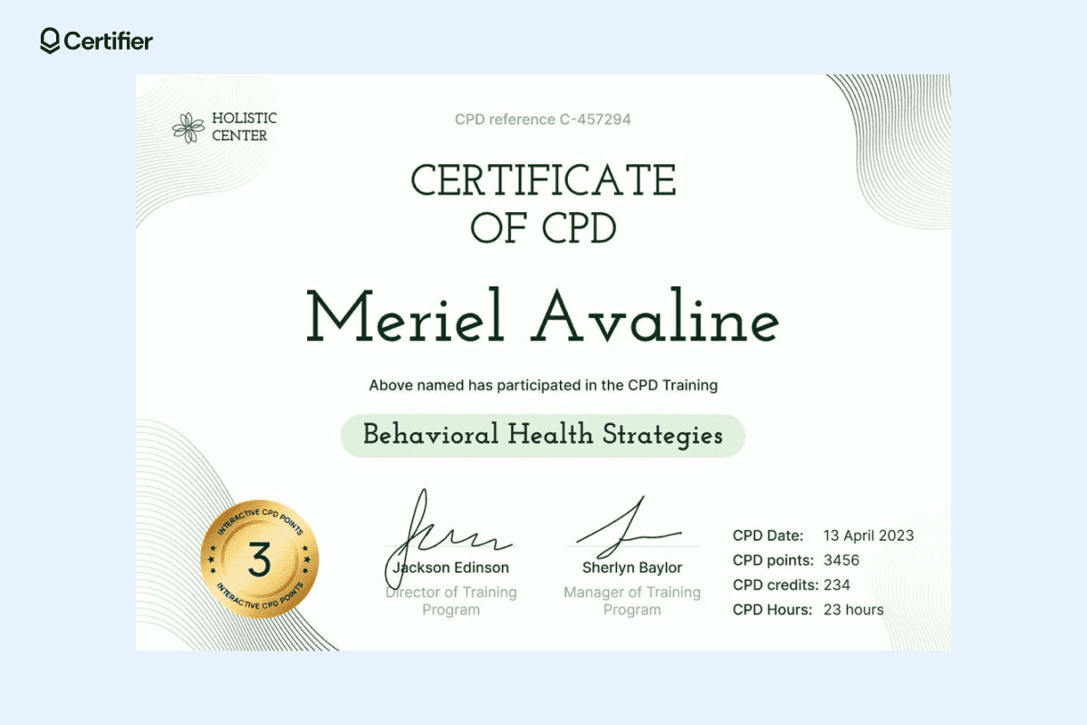 A CPD certificate example awarded to Meriel Avaline for completing CPD training on Behavioral Health Strategies.