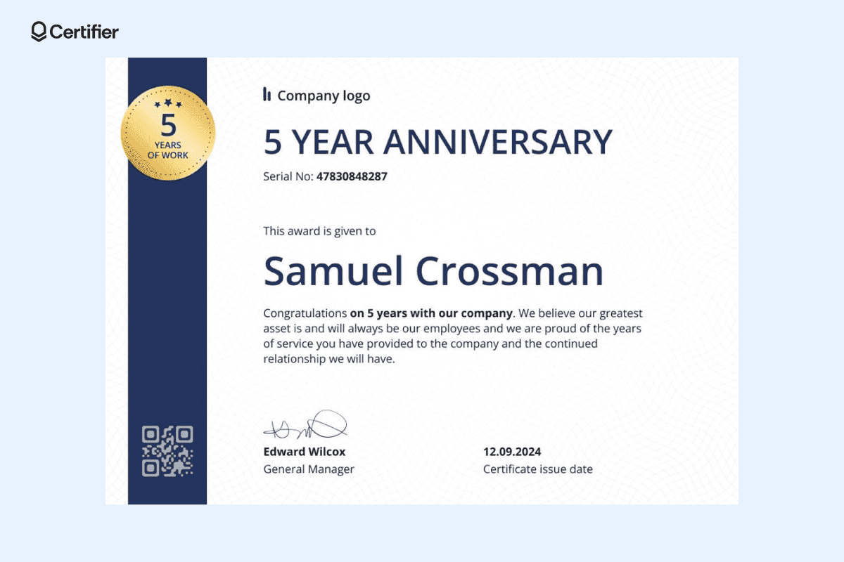 Simple blue and white work anniversary certificate example celebrating Samuel Crossman's 5-year work with a modern and professional style.