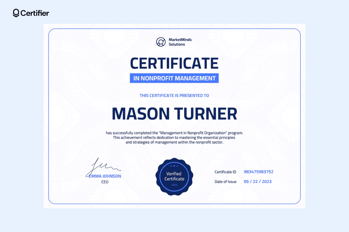 Blue and white nonprofit certificate example issued to Mason Turner for completing a nonprofit management program, with a clear, minimalist design.