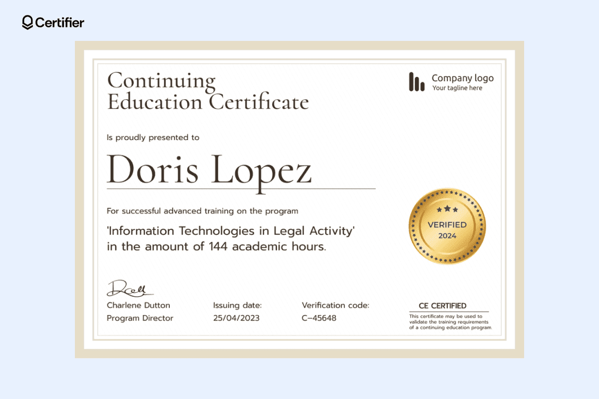 Classic and clean design, this professional example of certificate is awarded to Doris Lopez for completing advanced legal technology training.