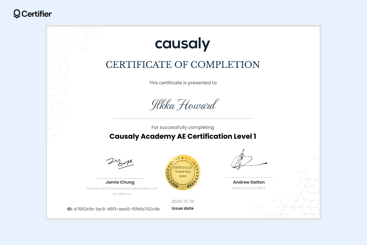 Clean white certificate of completion example awarded to Ilkka Howard for completing Causaly Academy AE Certification Level 1, featuring a gold seal for authenticity.