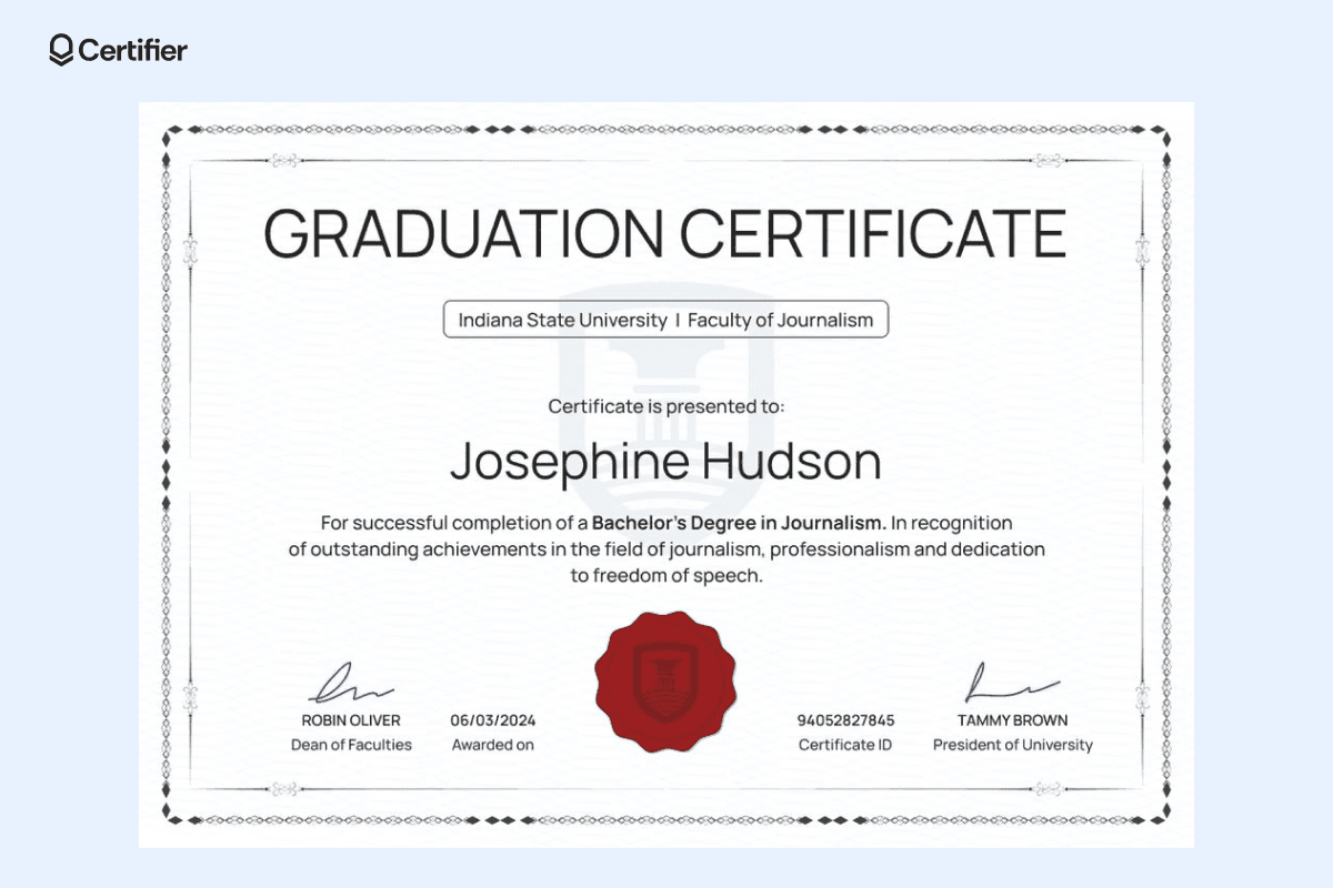 A formal graduation certificate with a detailed black and white border, suitable as a certificate template design for academic achievements.