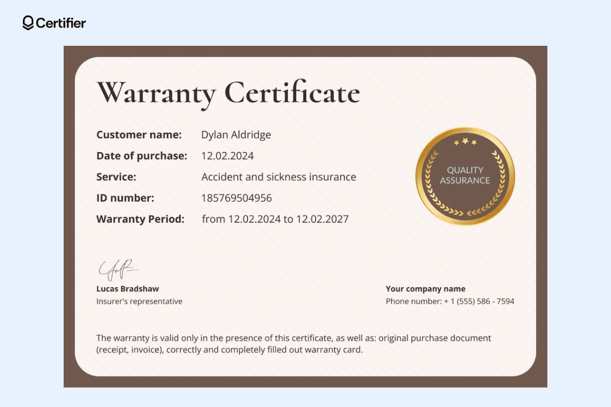 A brown-accented warranty certificate design template featuring gold quality assurance badge and essential details like purchase date and warranty period.