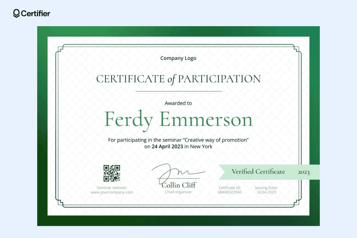 A green-themed certificate of participation with a verified badge, designed for seminar attendance, representing classic certificate design templates.