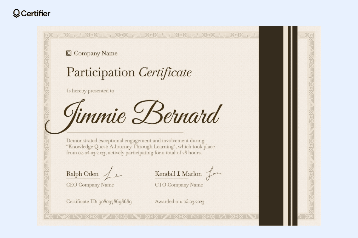 An ornate certificate design with a beige background and classic fonts, ideal for showcasing elegant certificate template designs.