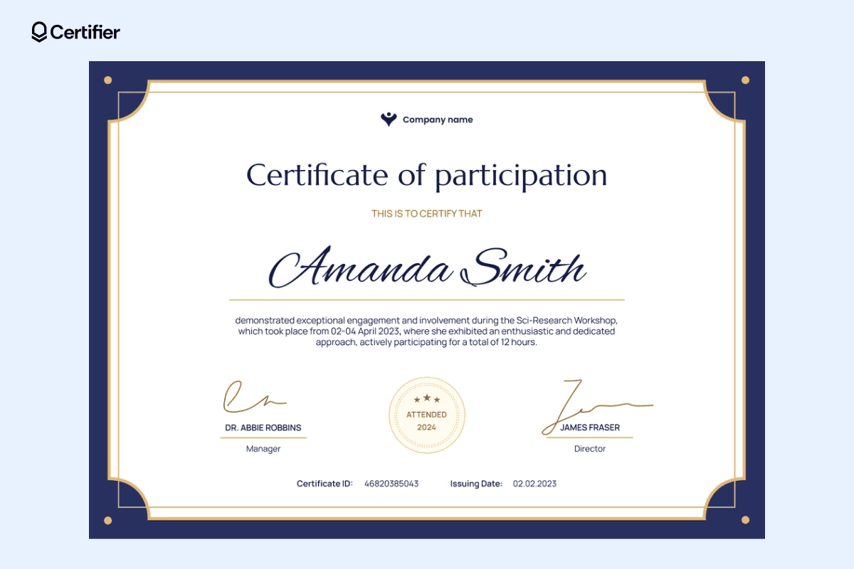 A minimalist, navy-blue bordered certificate of participation with subtle gold accents, highlighting modern and free certificate design ideas.