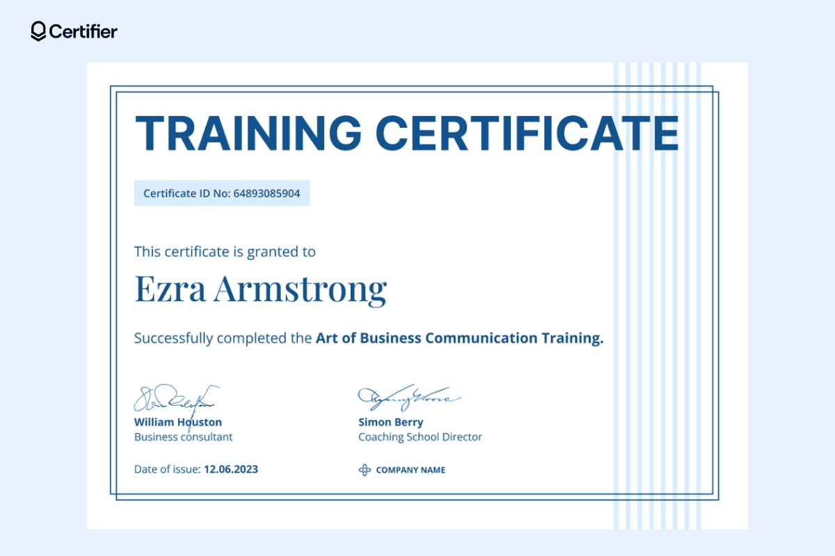 A blue-striped training certificate template design with clear, structured elements, making it one of the best certificate designs for business training programs.