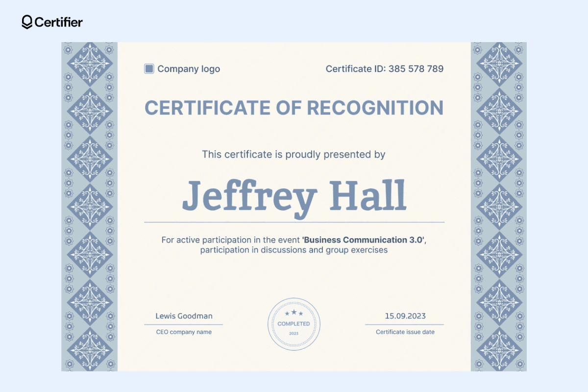 A recognition certificate with a decorative blue pattern on the sides, highlighting classic certificate design templates suitable for company events.