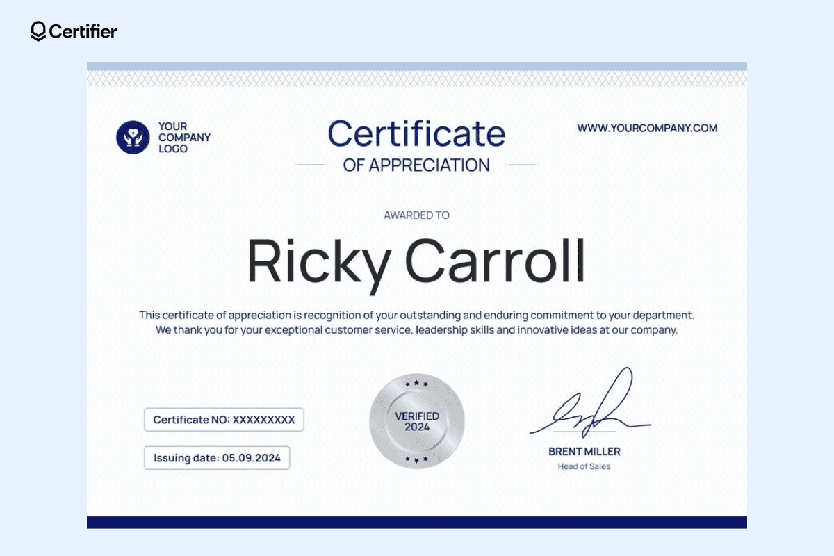 A certificate of appreciation with a minimalist blue theme, verified badge, and clear layout, representing professional certificate design templates for corporate use.