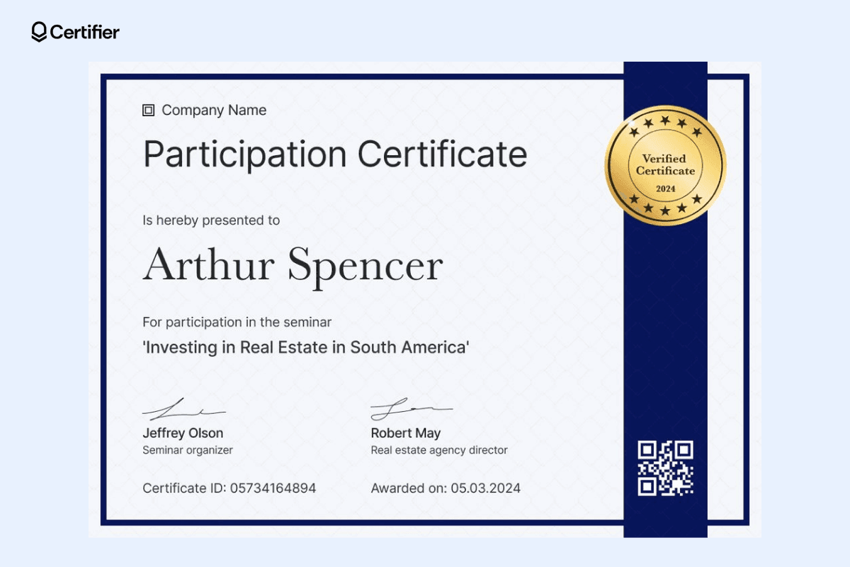 A participation certificate with a dark blue accent and gold verified badge, showcasing one of the best certificate design ideas for seminar attendance.