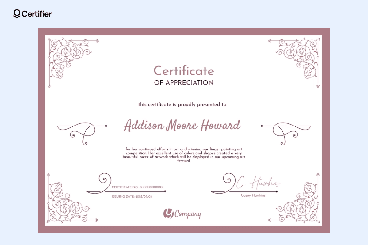 A pink-framed certificate of appreciation with ornate flourishes, exemplifying creative certificate design templates ideal for art competitions or events.