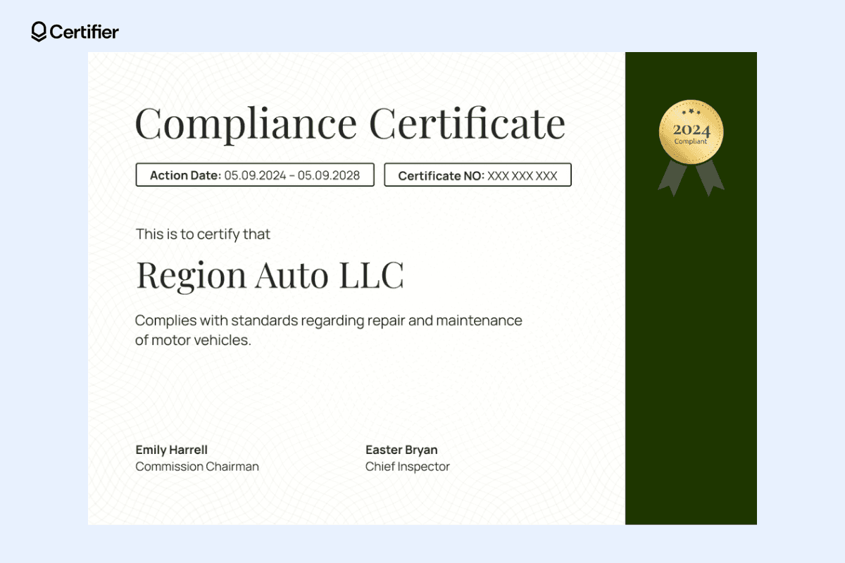 A compliance certificate with a green ribbon accent and clear structure, suitable for certification design templates focusing on regulatory standards.