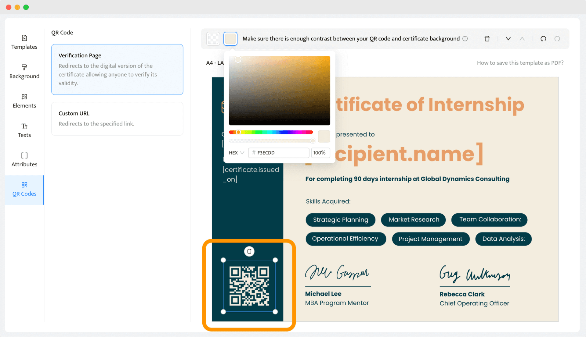 A zoomed-in QR code on a certificate and the process of changing its color, background and place.