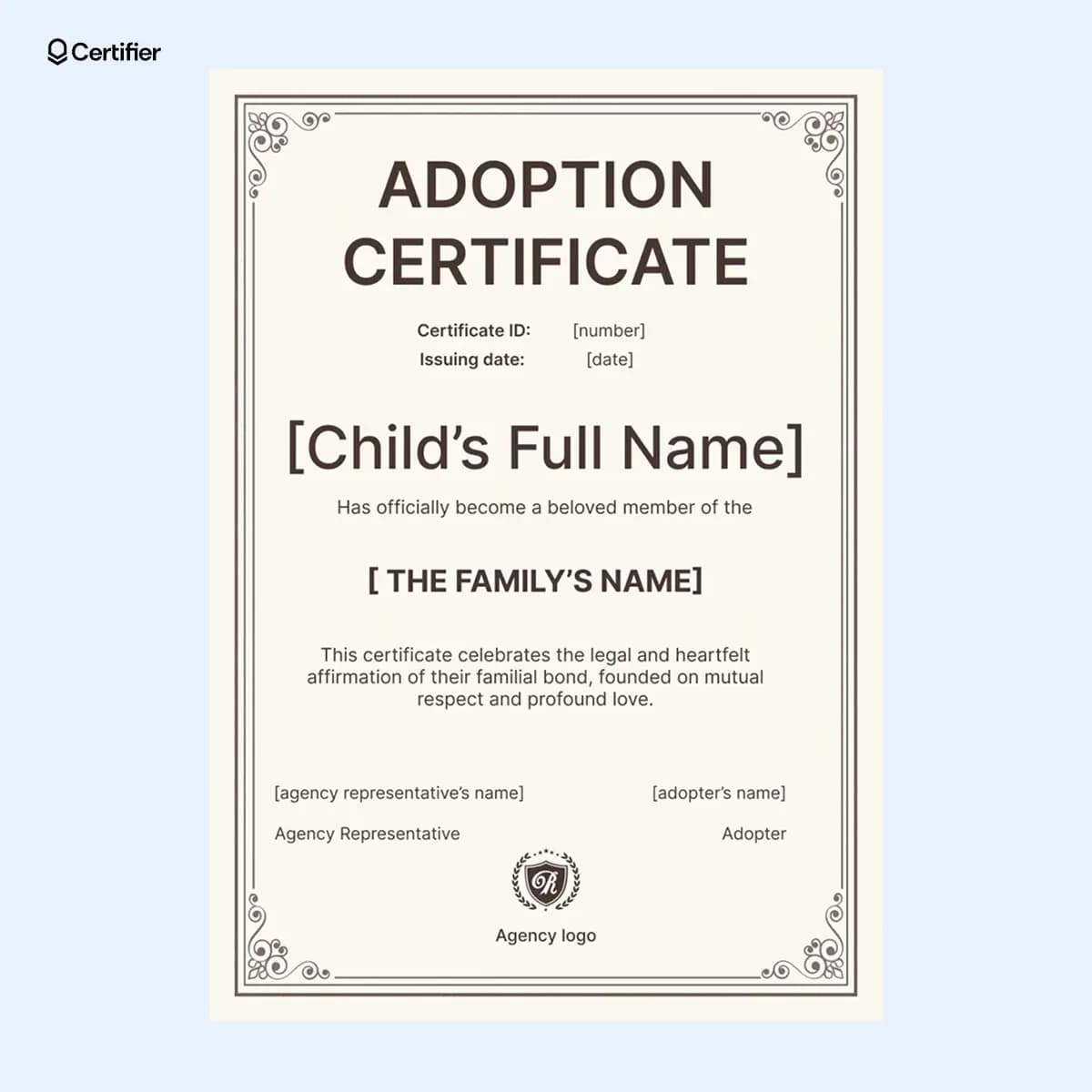 A classic adoption certificate template Word with an elegant border, celebrating the official adoption of a child, perfect as a certificate of adoption template free for families.