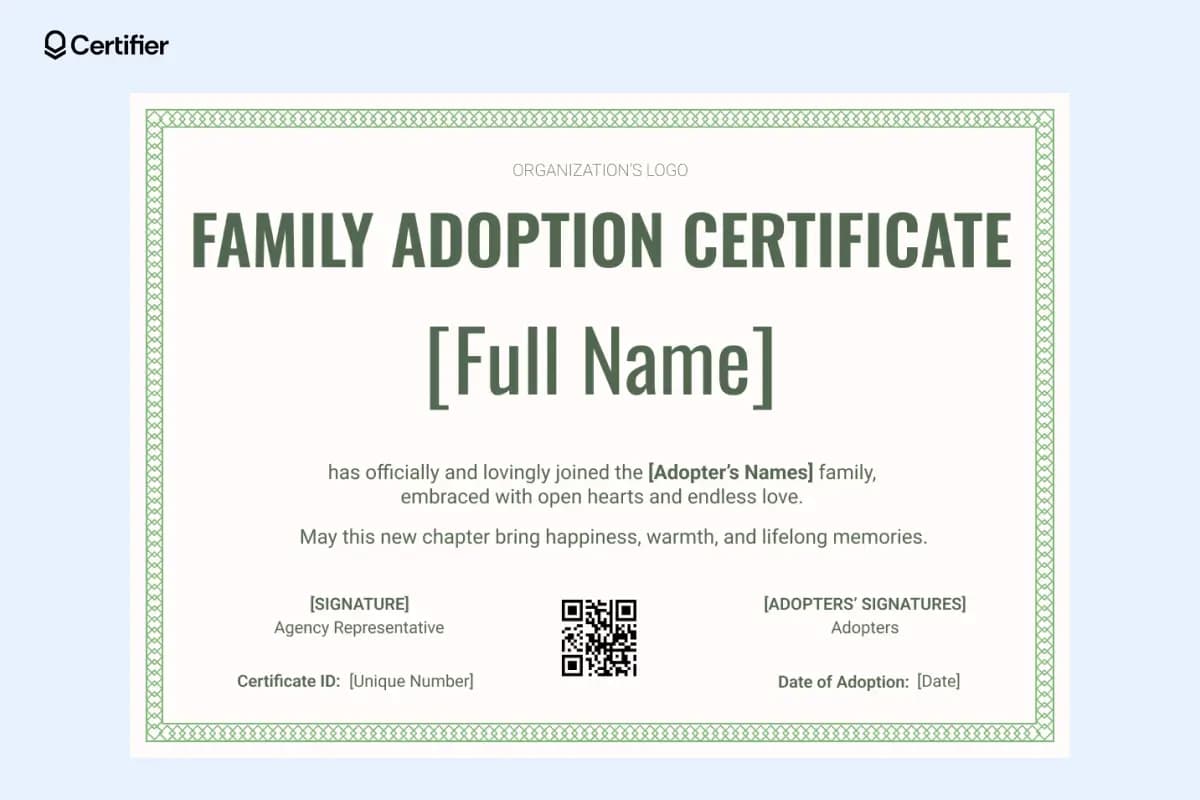 A minimalist template adoption certificate template with green accents, designed to be a customizable free pet adoption certificate template Word, perfect for celebrating a new family member.