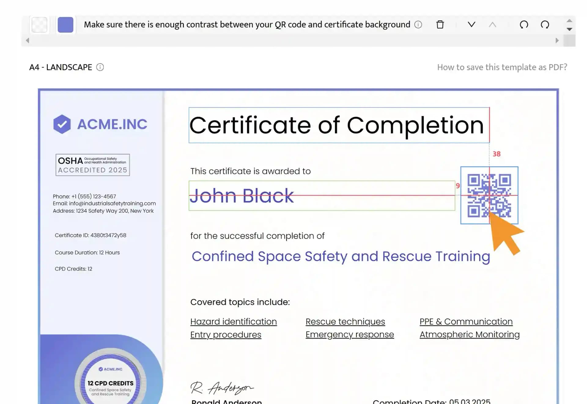 Uploading a QR code on a confined space training certificate template.