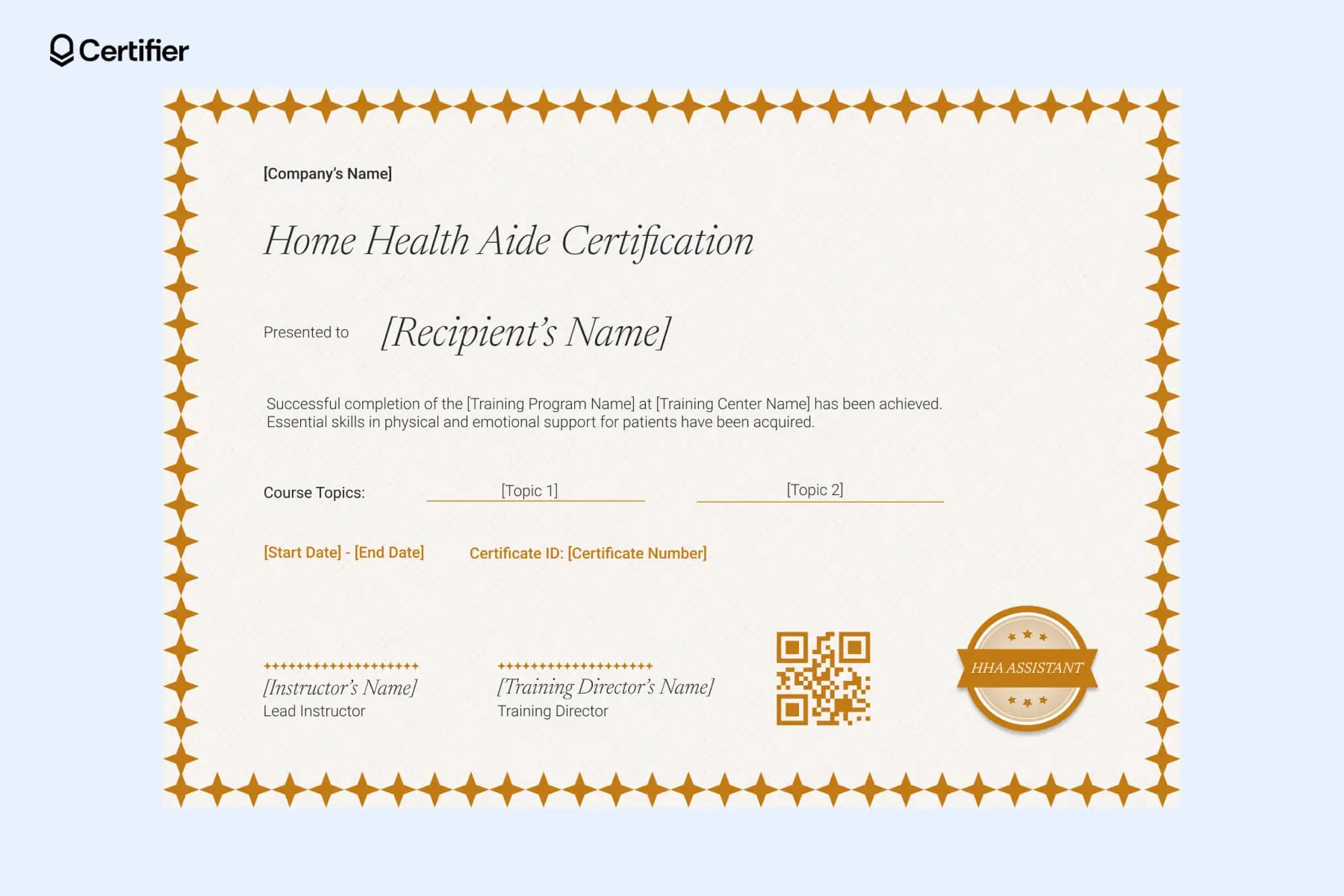  Home health aide certification template with a professional design and customizable training details.