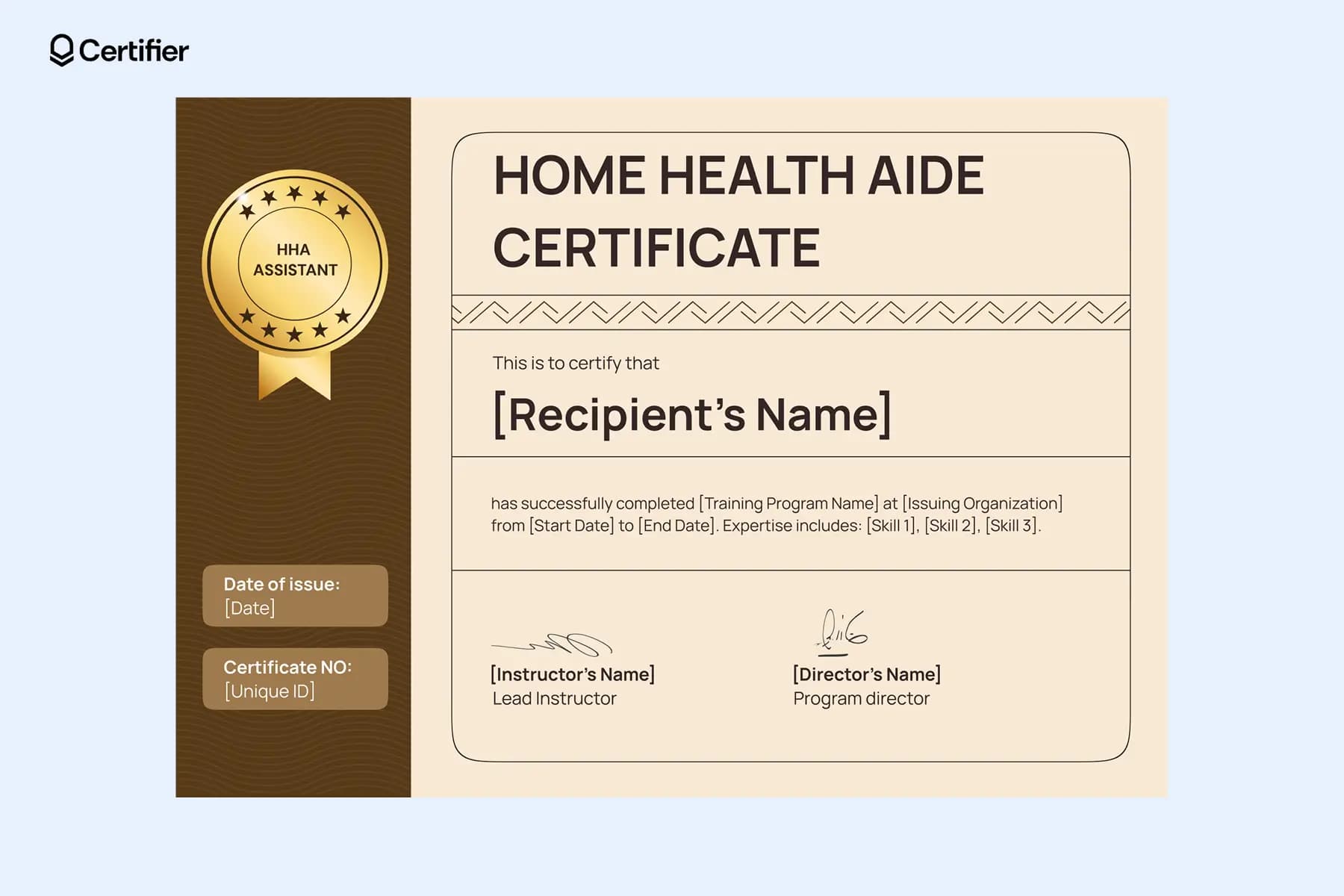 Home health aide certification template with a gold emblem, structured layout and branding space for logos.