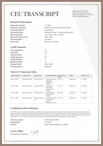 Professional brown CEU transcript template