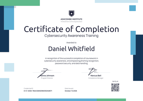 Cybersecurity Awareness Training Completion Certificate