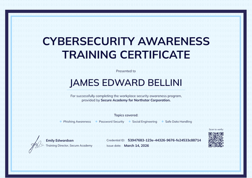 Cybersecurity Awareness Training Certificate