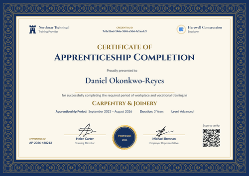 Carpentry Apprenticeship Completion Certificate