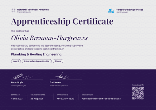Plumbing and Heating Apprenticeship Certificate