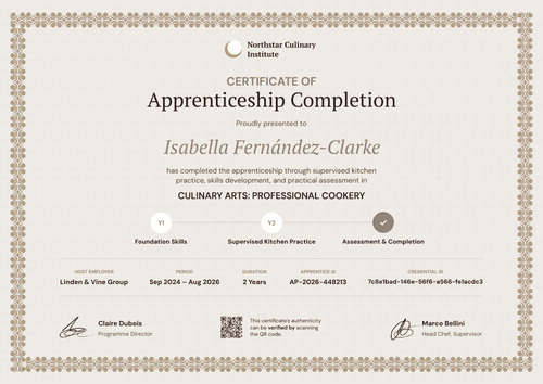 Culinary Apprenticeship Completion Certificate