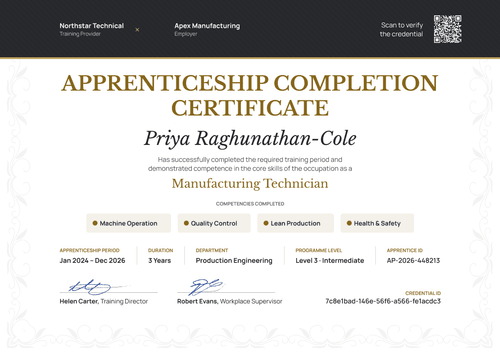 Manufacturing Apprenticeship Completion Certificate