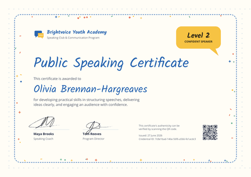 Youth Public Speaking Certificate