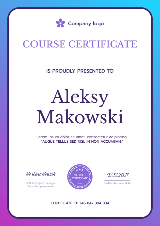 Simple and bright course certificate template Simple and bright course certificate template