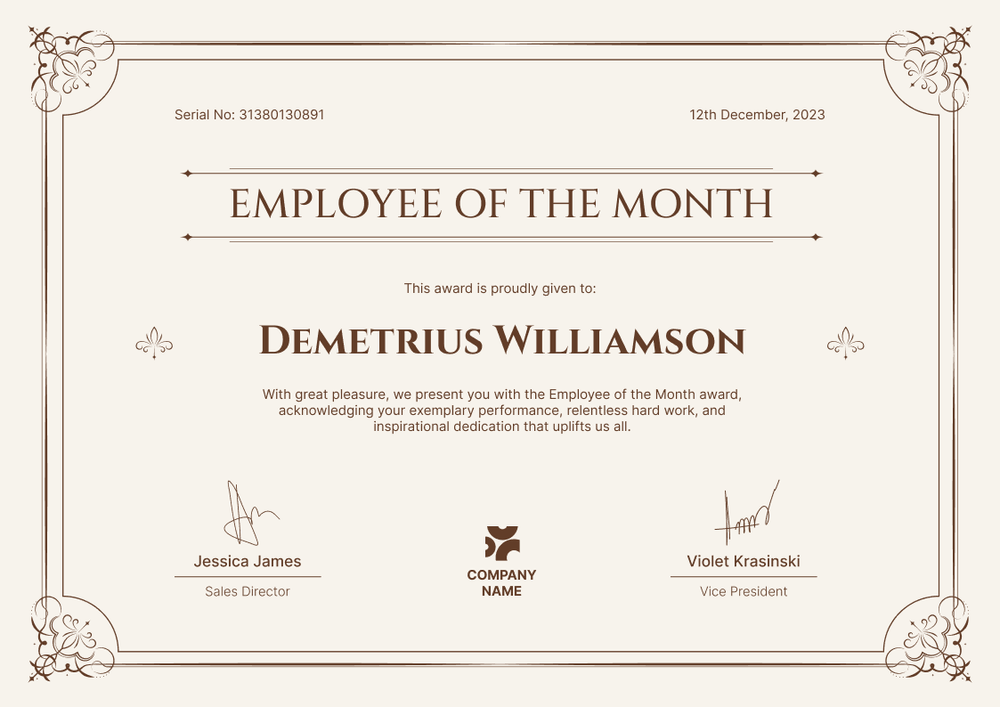 Formal and elegant employee of the month certificate template landscape Formal and elegant employee of the month certificate template landscape