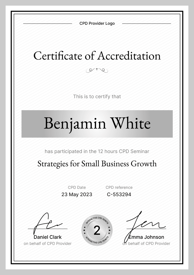 Professional and sleek CPD certificate template Professional and sleek CPD certificate template